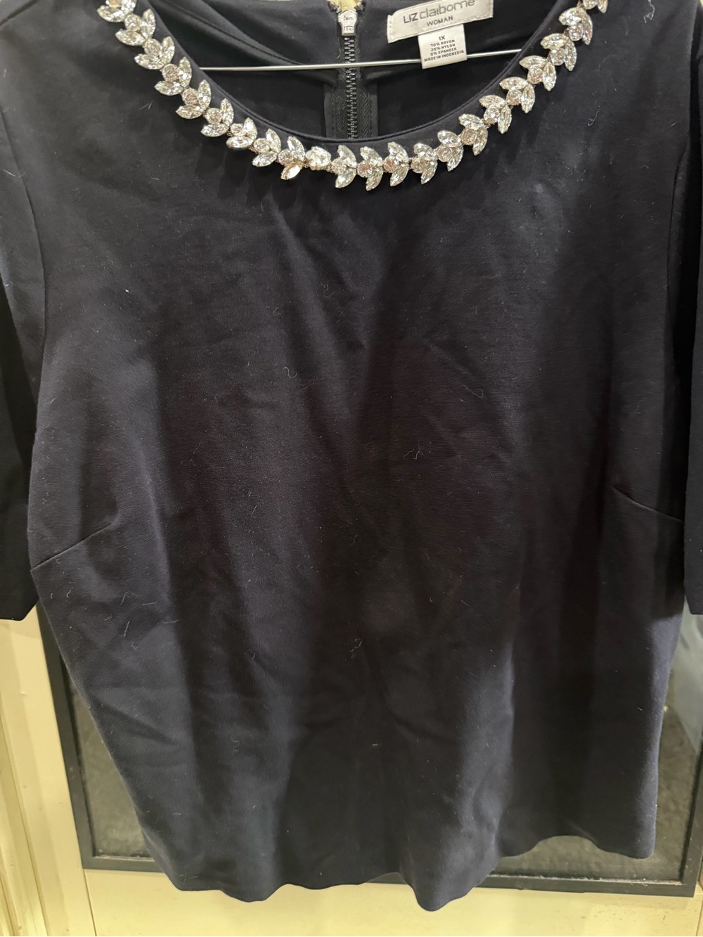 Liz Claiborne Black Top with Rhinestone Leaf Necklace Trim
